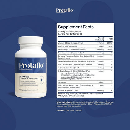 Prostate Support for Men, Urinary Flow & Bladder Care, 60 Capsules | With probiotics, black walnut, nettle, turmeric, lycopene, pumpkin seed, vitamin D3 & K2, zinc & selenium